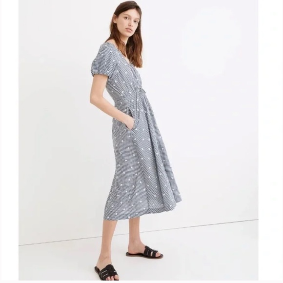 Madewell: Embroidered Gingham Faux-Wrap Tie-Waist Midi Dress (NWOT) - Picture 5 of 8